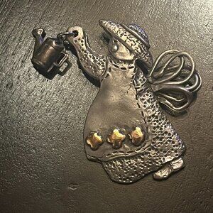Kat's Creations Silver Tone Garden Fairy Brooch Watering Can